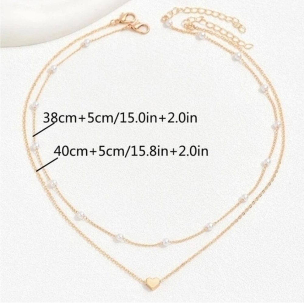 14K Gold Plated Layered Heart Charm and Pearl‎ Necklace - Picture 7 of 7
